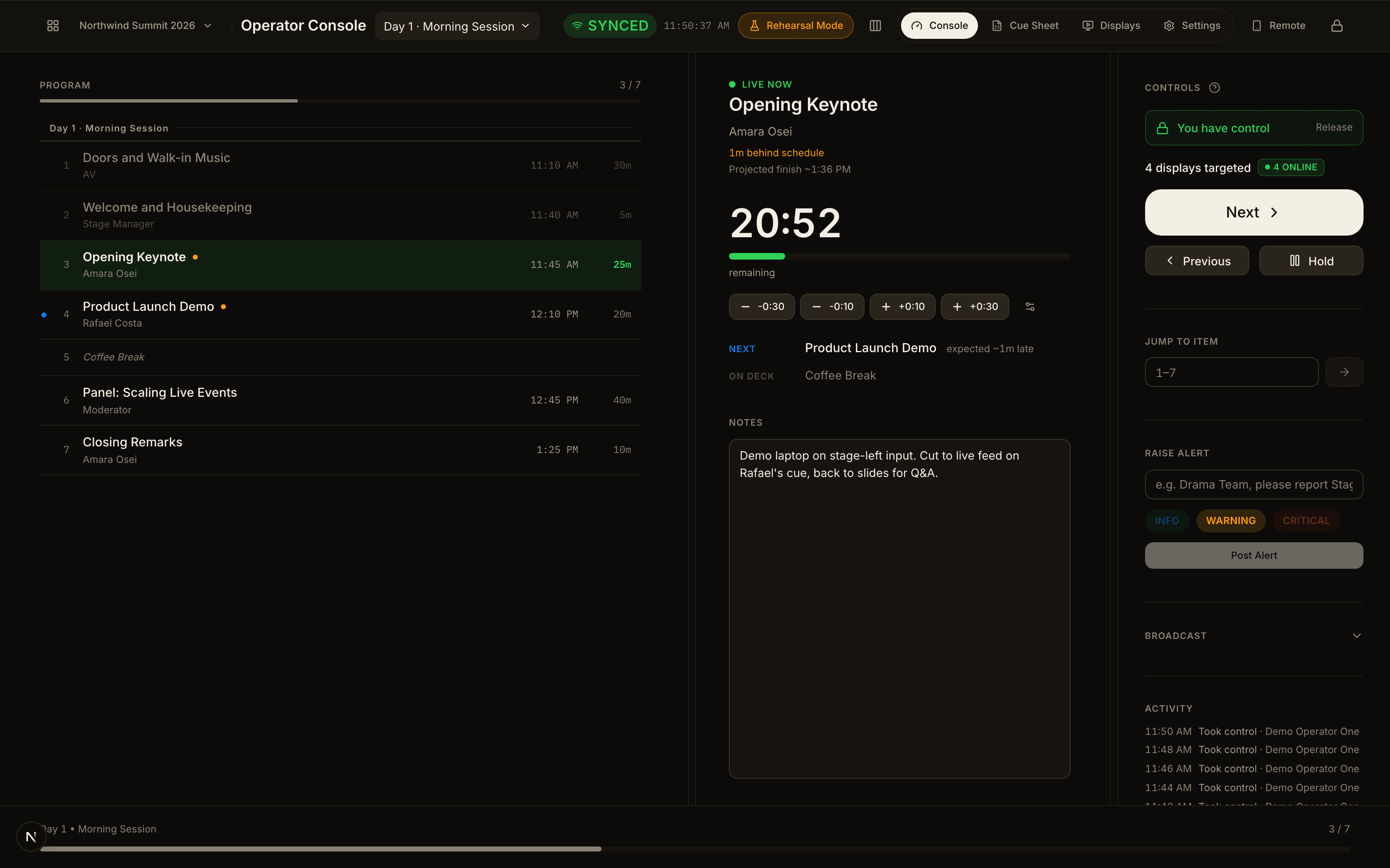 The same Operator Console one cue earlier, with the Opening Keynote live.