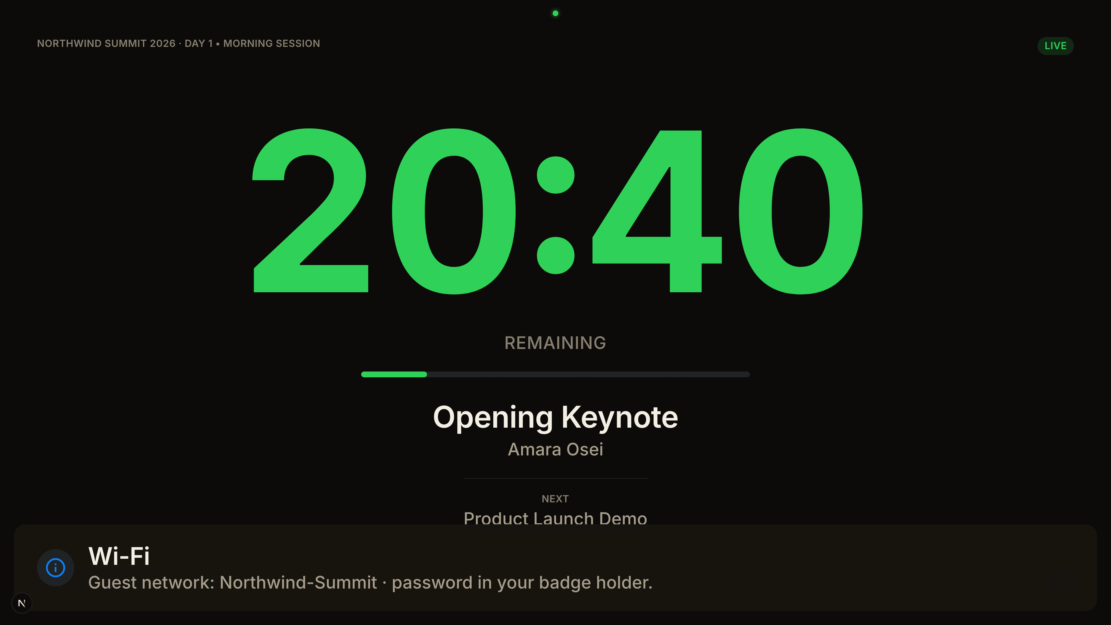 The stage confidence monitor one cue earlier, counting down the Opening Keynote.