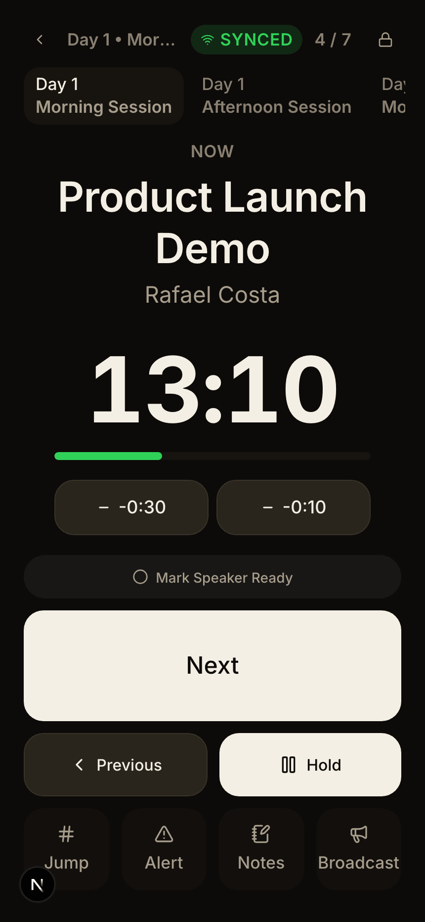 The Kramflow remote on a phone: the live item, its countdown, and a full-width Next button.